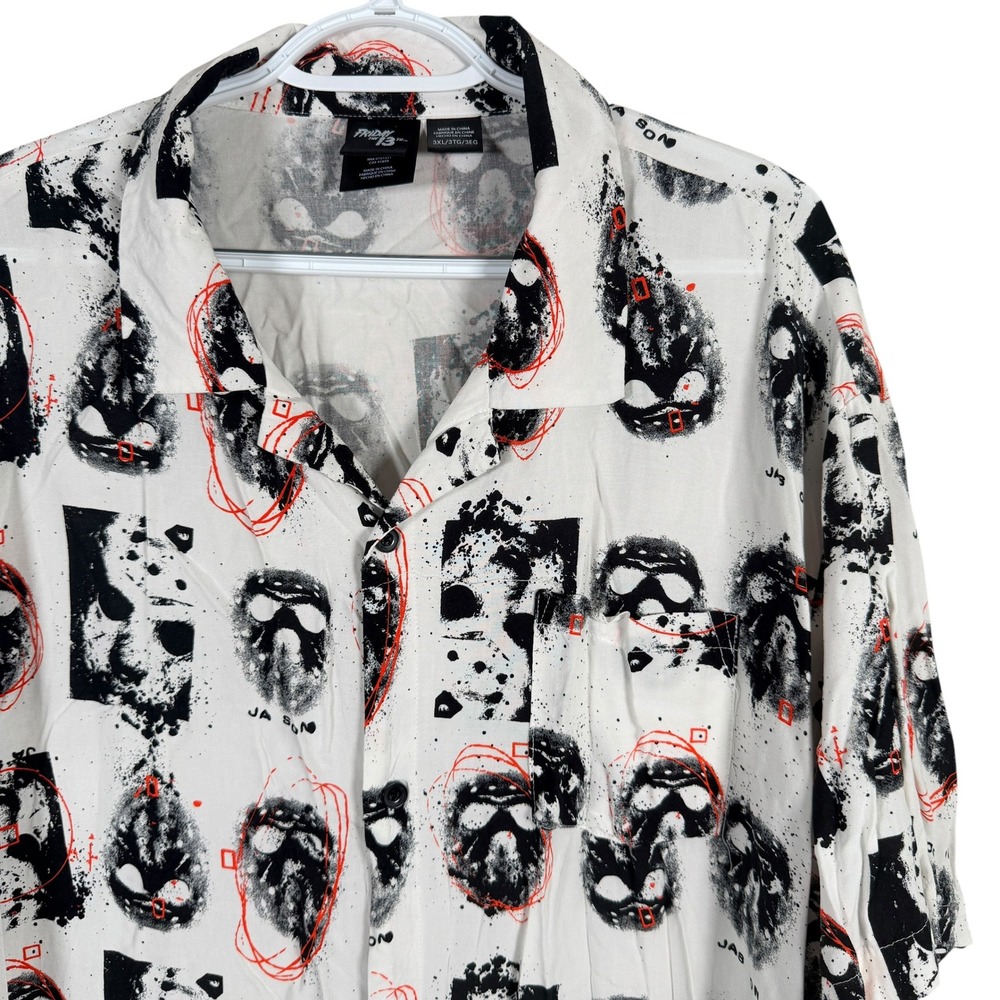 Friday the 13th Button Up Shirt Mens 3XL White Jason Voorhees Rayon Short Sleeve